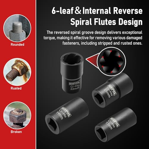 Twist Socket Set 5 Pcs Lug Nut Remover, Bolt Nut Extractor Set, Metric 17-22mm Wheel Lock Removal Kit with Drift Punch Nut Removal Bar - size: Medium