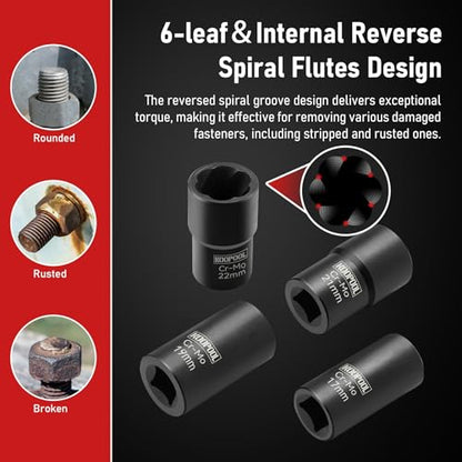 Twist Socket Set 5 Pcs Lug Nut Remover, Bolt Nut Extractor Set, Metric 17-22mm Wheel Lock Removal Kit with Drift Punch Nut Removal Bar - size: Medium