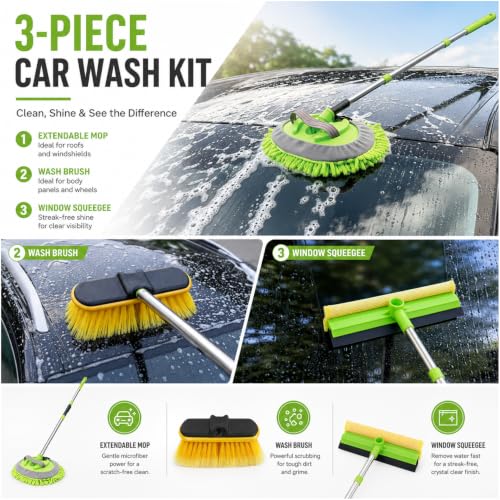 Car Detailing Kit Exterior, Car Wash Brush Kit with Long Handle 10pcs Set, Car Windshield Cleaner, Professional Car Care kits, Car Detailing Brush Set, Car Cleaning Drill Brush Kit with Extension Pole