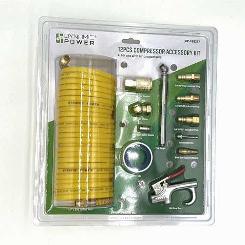 DYNAMIC POWER 12-Piece Air Compressor Accessory Kit – Includes Yellow Hoses, Fittings, Coupler, Plug, Needle, Nozzle, Tire Gauge, Air Blow Gun, and Air Hose. DP-498367