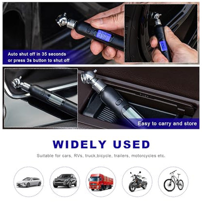 Digital Tire Pressure Gauge, 5-100PSI 4 Settings Pencil Tire Gauge with Backlit LCD Display, Accurate Air Pressure Gauges for Cars Trucks Motorcycles Bicycles, Car Accessories