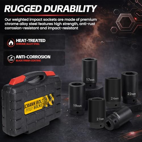 1/2" Drive Weighted Crank Bolt Socket Set, 17MM, 19MM, 21MM, 22MM, 24MM 27MM, Harmonic Balancer Socket Set, Weighted Deep Impact Socket Set, 3 Times Momentum Power of Standard Impact Socket
