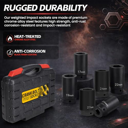 1/2" Drive Weighted Crank Bolt Socket Set, 17MM, 19MM, 21MM, 22MM, 24MM 27MM, Harmonic Balancer Socket Set, Weighted Deep Impact Socket Set, 3 Times Momentum Power of Standard Impact Socket