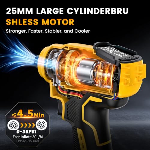 Tire Inflator Air Compressor Compatible with Dewalt 20V Battery, 150PSI Cordless Portable Air Pump with Digital & Auto Shut-Off, LED Light for Car Motorcycles Bike Ball (Tool Only) (Yellow)