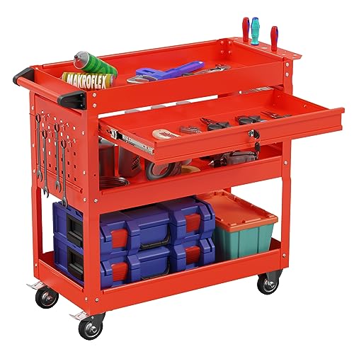 3-Tier Heavy Duty Utility Cart on Wheels, Rolling Tool Cart on Wheels with a Drawer, 350 Lbs Load Capacity Rolling Tool Storage Organizer for Garage, Warehouse and Repair Shop(Red) - color: Red