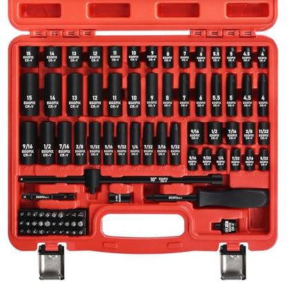 1/4" Socket Set 85 Piece, Metric Shallow/Deep Sockets (4-15mm) and SAE Shallow/Deep Sockets (5/32-9/16), Screwdriver Bit Set, Tool Kit for Home Use and Automotive Repair - style: 1/4-85PCS
