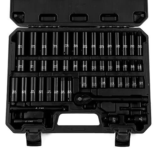 Reniteco 50-Piece 3/8" Drive Socket Set, SAE (5/16"-3/4") & Metric (8mm-22mm), Deep & Shallow, 72-Tooth Ratchet Wrench, Extension Bars, 1/2" F to 3/8" M Reducer, Universal Joint & Power Drill Adapter - size: 3/8" 50 PCS SAE & Metric