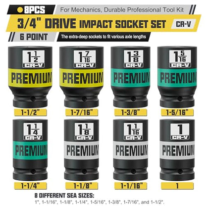 8pcs 3/4" Drive Impact Socket Set, SAE Axle Nut Sockets, 1" to 1-1/2" Thicker Jumbo Sockets, Socket Set, 6 Point, Cr-V, for Mechanics, Durable Professional Tool Kit - size: 3/4" 8pcs SAE