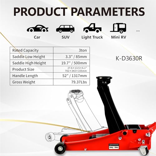 3T Low Profile Floor Jack, 6600 lb, Dual Pump, 3.3"-19.7", Red | Heavy-duty steel, dual-pump quick lift, ultra low profile, 3.3"-19.7" range, safety overload protection. - size: 3T Dual Pump 3.3"-19.7"(Red)