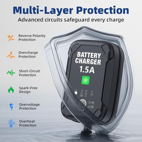 1.5A 6V/12V Car Battery Charger – Automatic Trickle Charger, Battery Maintainer & Desulfator with Overcharge Protection & Temperature Compensation – For Lead Acid, AGM, Gel, Lithium(LiFePO4) Batteries - size: 1.5A