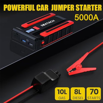 Scatach Jump Starter 5000A, 12V Car Battery Jump Starter Battery Pack (up to 10.0L Gasoline and 8.0L Diesel Engine), Portable Jump Box with Jumper Cable, LED Display, Flashlight - color: light red
