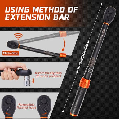 1/2-Inch Drive Click Torque Wrench, 10-180 Ft-Lb/13.6-244.0 Nm, Dual-Direction 72-Tooth Ratchet, ±3% Precision with Dual Scale Torque Wrenches for Bike, Motorcycle & Car - size: 1/2”DR 「10-180 FT-LB」