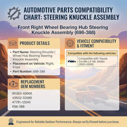 Front Right Side Wheel Bearing Hub Steering Knuckle Assembly for Toyota Corolla L4 1.8L Sedan 2003 2004 2005 2006 2007 2008 Replace for 698-388 90363-40066 43502-32080 47781-12240 - size: Front right