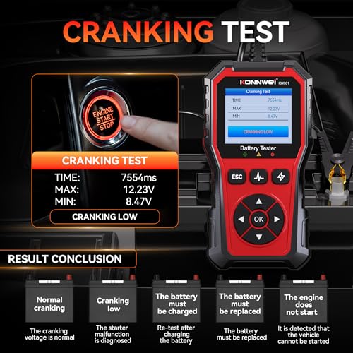 KONNWEI KW331 Car Battery Tester 6V/12V/24V with Cloud Report 10-2000CCA Lead-Acid, AGM, Lithium Battery Tester Automotive Alternator Tester Cranking Charging System for Car Truck Motorcycle Boat
