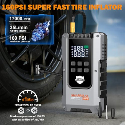 6000A Jump Starter with Air Compressor 160PSI 12V for All Gas/10L Diesel | Portable Car Battery Fast Charge Jump Starter, Jump Box with 3 Modes Flashlight and Jumper Cables Pack with Carries Case