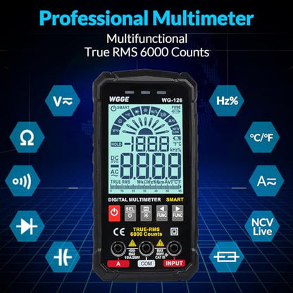 WGGE Digital Multimeter Voltmeter Smart Electrical Tester Measures Voltage Current Resistance Continuity Duty-Cycle Capacitance Temperature Frequency Auto Ranging 6000 Counts TRMS