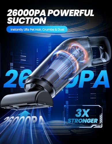 Handheld Vacuum Cordless, 26,000 Pa High Power Suction, Portable Rechargeable Car Vacuum Cleaner for Home, Office, Pet Hair, Car Detailing, Black