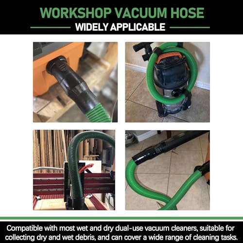 Upgraded 13ft 1-7/8-inch Wet/Dry Shop Vacuum Hose hose with 2-1/2" adapters om each end & 6 Replace Accessories - Green (WS25021A), For Most WORKSHOP Vacs