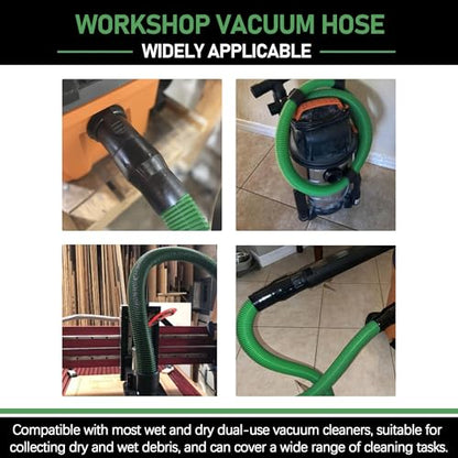 Upgraded 13ft 1-7/8-inch Wet/Dry Shop Vacuum Hose hose with 2-1/2" adapters om each end & 6 Replace Accessories - Green (WS25021A), For Most WORKSHOP Vacs