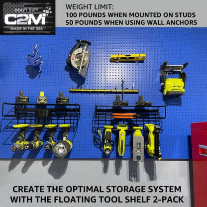 c2M Heavy Duty Floating Tool Shelf & Organizer | Wall Mounted Garage Storage Rack, 100# Weight Limit, Compact Steel Design | Perfect for Father's Day | Black (C2M5032P)