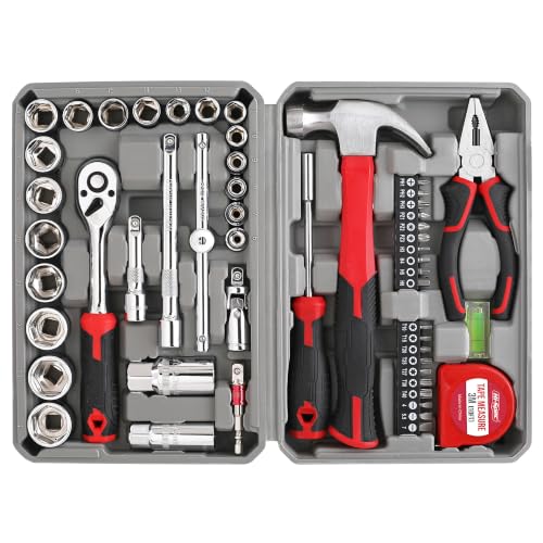Hi-Spec 52pc Home Garage Mechanics DIY Tool Kit Set. Metric Sockets, Ratchet Wrench, Screwdriver Bit Set, Pliers and Spark Plug Accessories in a Portable Toolbox Case - size: 52 PCS