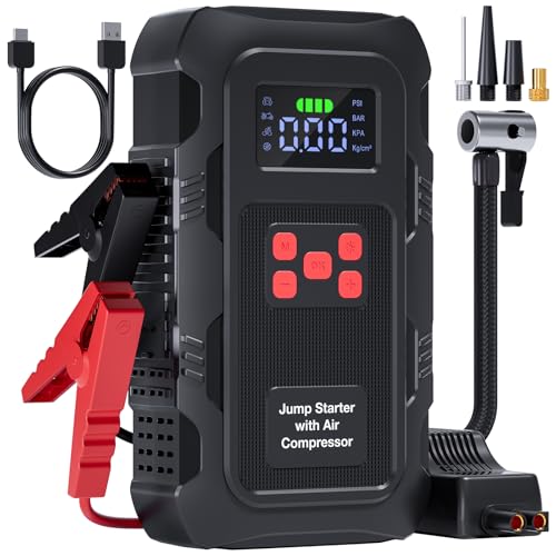 5000A Jump Starter with Air Compressor, Portable Car Battery Jump Starter with 150 PSI Tire Inflator for Up to 10.0L Gas and 8.0L Diesel Engines, 12V Jump Box with LCD Display - color: Black