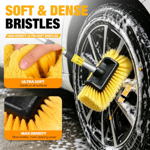 LAANPOLE 12FT Car Wash Brush with Long Handle, Car Cleaning Brush with 12 Inch Soft Bristle and Soap Dispenser, Solar Panels Cleaner with Telescoping Pole for RV, Truck, Boat, House Siding, Yellow - color: Yellow