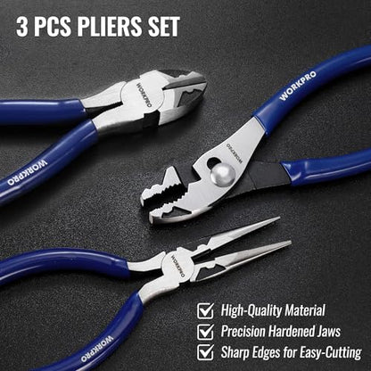 WORKPRO Pliers Set, 3-Piece Professional Pliers Tool Kit – 6" Needle Nose Plier, 6" Slip Joint Plier & 6" Diagonal Plier, Soft Grip Handles for Home DIY & Electrical Work