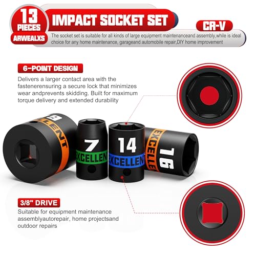 13 Pieces 3/8-Inch Drive Impact Socket Set, 7-19mm Shallow Socket, 6 Point Metric Sockets for Automotive Repair, Equipment Maintenance - size: 3/8 Inch Metric