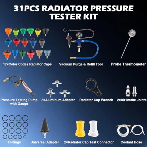 31PCS Coolant Pressure Tester Kit, Radiator Pressure Tester and Vacuum Refill Kit for Automotive Cooling System, Includes 23 Adapters