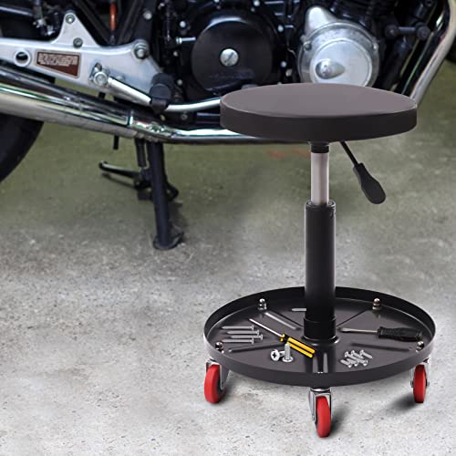 Heavy Duty Roller Seat, Pneumatic Mechanic Roller Seat, 2” Thick Padded Cushion, Adjustable Rolling Stool Chair Swivel w/Tool Tray, for Garage, Workshop and Auto Repair Shop, 300lbs (Black)