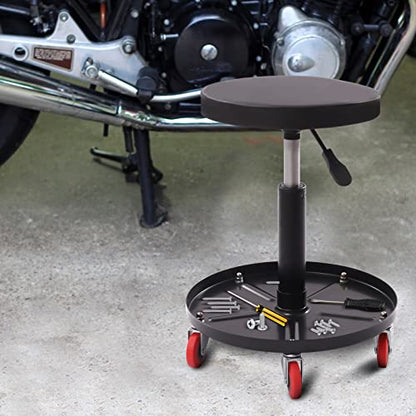 Heavy Duty Roller Seat, Pneumatic Mechanic Roller Seat, 2” Thick Padded Cushion, Adjustable Rolling Stool Chair Swivel w/Tool Tray, for Garage, Workshop and Auto Repair Shop, 300lbs (Black)