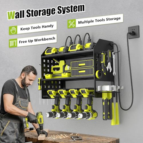 SUNALLY Power Tool Organizer Wall Mount with Charging Station,3 Layer Heavy Duty Metal Tool Storage Rack with 4 Drill Holders, Power Tool Shelf for Garage, Warehouse, Workshop, Gifts for Men, Husband - style: 4 Drill Holders E