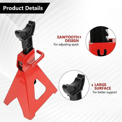 6 Ton (12,000 LBS) Automotive Jack Stands | Adjustable Height 14.6"- 24", Heavy Duty Steel Car Lifting Stand for Garages, Repair Shops, Red, 1 Pair