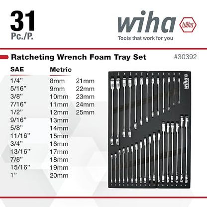 Wiha 30392 31-Piece Ratcheting Wrench Set – SAE & Metric, 12-Point Box and Open Ends, Full Drawer Tray