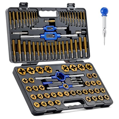 OMT 87pc Tap and Die Set, Titanium-Plated SAE and Metric Threading Kit | M3-M16 and #4-5/8 Inch, GCr15 Bearing Steel, Internal and External Threads, Center Punch, Mechanics Machinists Garage & Shop - size: 87 pc Metric and SAE