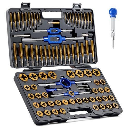 OMT 87pc Tap and Die Set, Titanium-Plated SAE and Metric Threading Kit | M3-M16 and #4-5/8 Inch, GCr15 Bearing Steel, Internal and External Threads, Center Punch, Mechanics Machinists Garage & Shop - size: 87 pc Metric and SAE