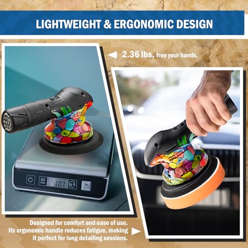 BATOCA 2026 S3 Cordless Car Buffer Polisher, 2x2.0Ah 11.1V Lithium-ion Battery Powered Polisher with 6 Variable Speed, DA Orbital Buffer for Car Detailing, Polishing, Waxing, Camouflage Pattern Style - size: Graffiti Style