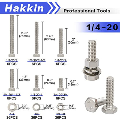 144PCS 1/4-20 Hex Bolts and Nuts Kit, Stainless Steel 1/4" Nuts and Bolts Assortment Kit, Flat & Lock Washers Set Screw Assortment Kit, Machine Screws Set - size: 144PCS 1/4-20 Hex Bolts Silver