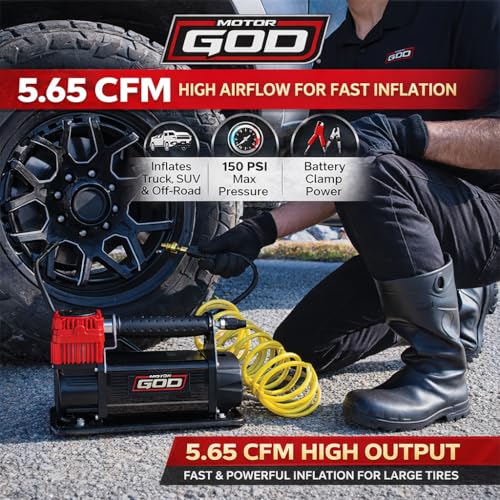 12V Portable Air Compressor 5.65 CFM – Heavy Duty Battery Clamp Tire Inflator for Truck, SUV, 4x4 Off-Road & Overlanding – Fits 35 Inch Tires – 150 PSI with Gauge & Storage Bag
