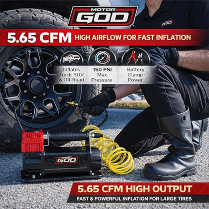12V Portable Air Compressor 5.65 CFM – Heavy Duty Battery Clamp Tire Inflator for Truck, SUV, 4x4 Off-Road & Overlanding – Fits 35 Inch Tires – 150 PSI with Gauge & Storage Bag