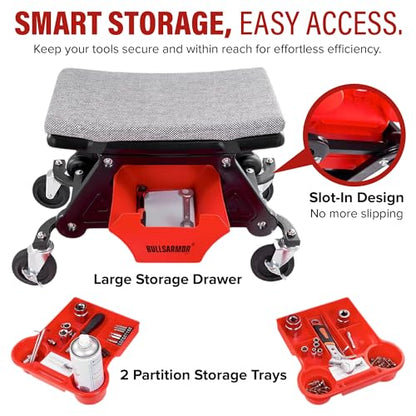 BullsArmor Rolling Mechanic Seat 300 LBS Capacity Creeper Stool with 4” Wheels Locks Heavy Duty Garage Chair with 3 Slide Out Tool Trays Drawer, Auto Repair Detailing Car Wrap Motorcycle Workshop DIY