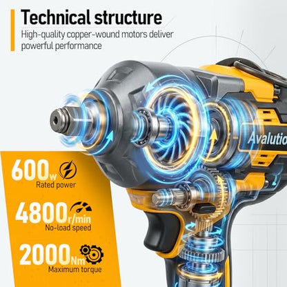 Avalution Cordless Impact Wrench 1/2 Inch, Brushless High Torque Impact Gun, 4-Speed Variable Power Wrench with LED Light for Tire Removal, Auto Repair & DIY Projects, Tool Only