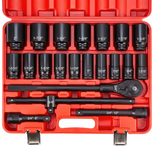 3/4" Drive Deep Impact Socket Set,21Pcs SAE (3/4 to 2 Inch) Sizes with Ratchet Wrench (24 tooth) Andextension Rod,6-Point Socket,Cr-Mo Steel Includes Adapters - size: 3/4"Drive Socket Set 21 PCS