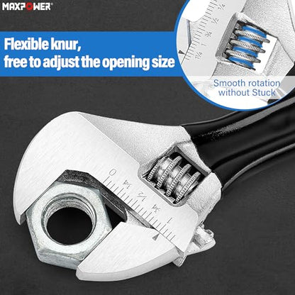 MAXPOWER Adjustable Wrench Set, 4-Piece Adjustable Wrenches 6-inch, 8-inch, 10-inch and 12-inch, Metric & SAE Scales, Extra-Wide Jaw and Soft Girp Wrench Set