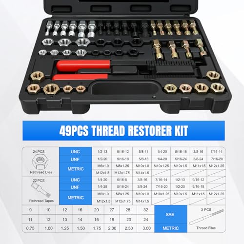 Nilight 49PCS Thread Chaser Set SAE Metric Master Thread Repair Kit with Case 22 Taps 24 Dies 3 Thread Files Universal UNC UNF Sizes Automotive Tool for Mechanics Auto Shops Home Garage Repair - size: 49PCS Metric & SAE