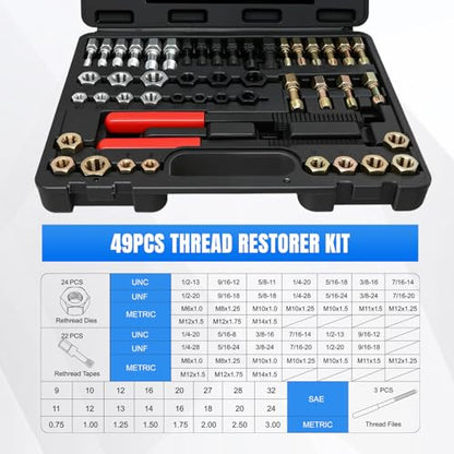 Nilight 49PCS Thread Chaser Set SAE Metric Master Thread Repair Kit with Case 22 Taps 24 Dies 3 Thread Files Universal UNC UNF Sizes Automotive Tool for Mechanics Auto Shops Home Garage Repair - size: 49PCS Metric & SAE