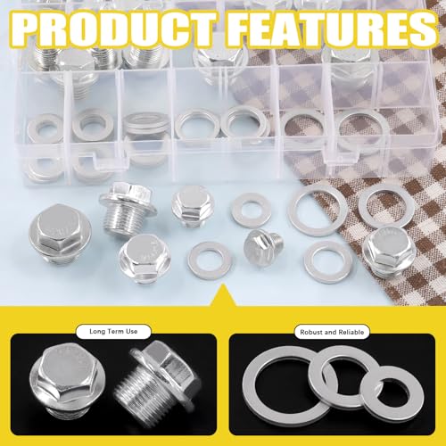 28 Sets Oil Drain Plug Assortment Kit, M10 M12 M14 M16 M18 M20 Steel Oil Drain Plugs with Aluminum Washer Gasket, Engine Oil Drain Plug Replacement Compatible with Honda, Hyundai, Toyota, Ford