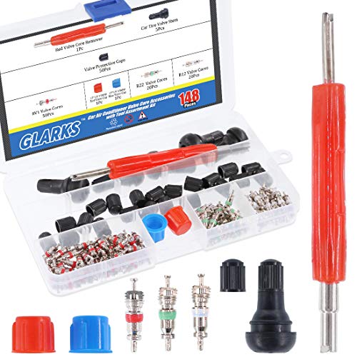 Glarks 148Pcs Tire Valve Car Air Conditioner Valve Core Kit, Tyre Air Valve Cap Tire Valve Core Tire Valve Stem Air Conditioning Valve Core with Dual Head Valve Core Remover Tool 6 in1 Tire Repair Set - style: 148Pcs