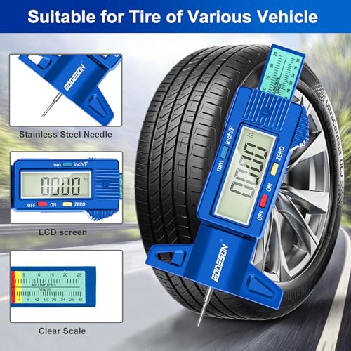 GODESON Tire Tread Depth Gauge, Digital Tire Tread Depth Gauge with 3 Modes-Fractional Inch,Blue Tire Depth Gauge with Color-Coded Bar,Tread Depth Gauge Suitable for All Vehicle Tires - color: Blue